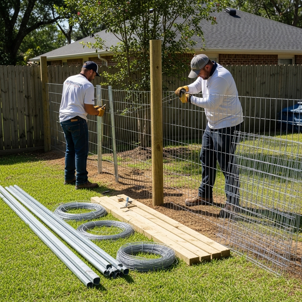 “Two Jax Fenceflow crew members in uniforms replacing an old residential fence with durable materials like steel posts, wood, wire, and mesh panels, showing professional craftsmanship and a clear before-and-after transformation.”