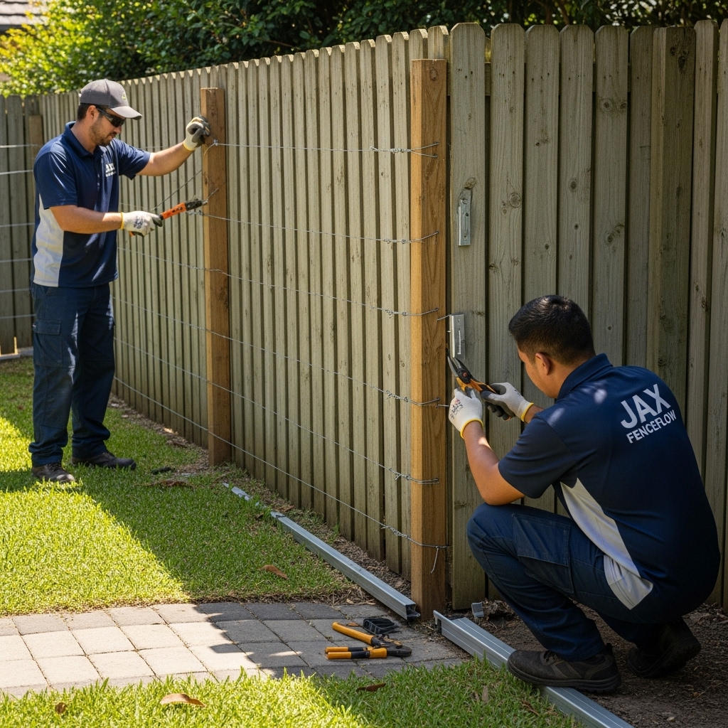 “Two Jax Fenceflow crew members in uniform performing routine fence maintenance in a backyard, tightening wires, checking posts, and replacing worn parts to ensure long-lasting, well-maintained fencing.”