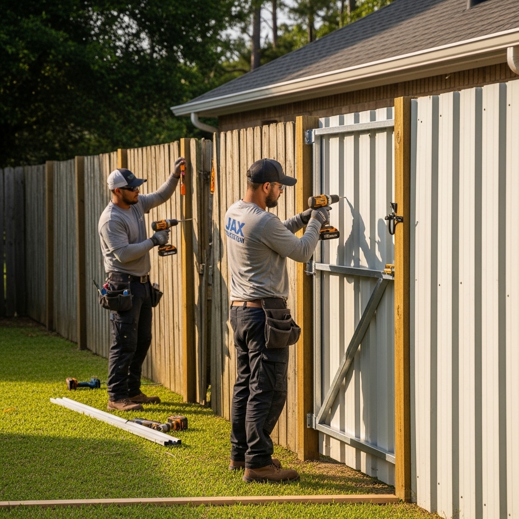 “Two Jax Fenceflow crew members in uniforms replacing damaged fence panels and a gate in a residential backyard, showing high-quality materials, precise installation, and professional workmanship.”