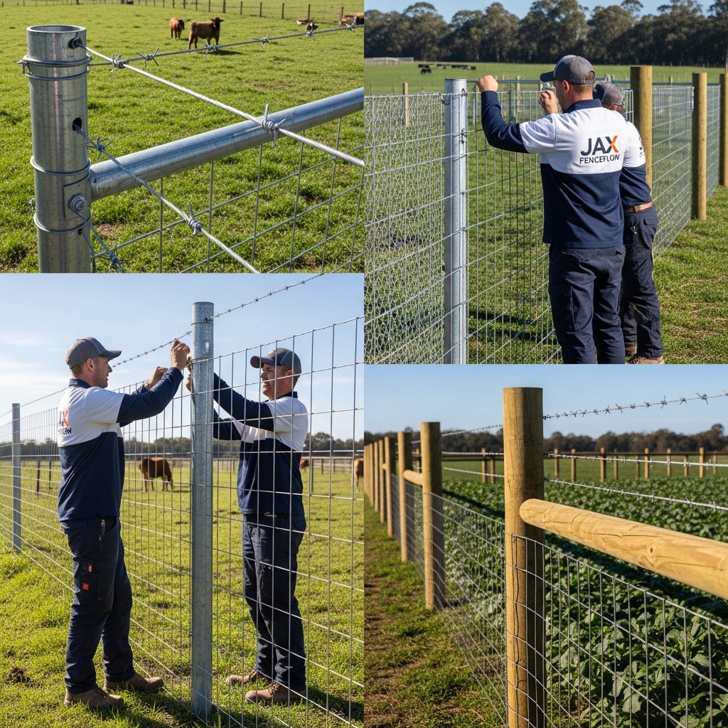 “Two Jax Fenceflow crew members in uniforms installing durable fencing, including steel, galvanized wire, mesh, barbed wire, and wood, containing animals and protecting crops in a sunlit rural setting.”