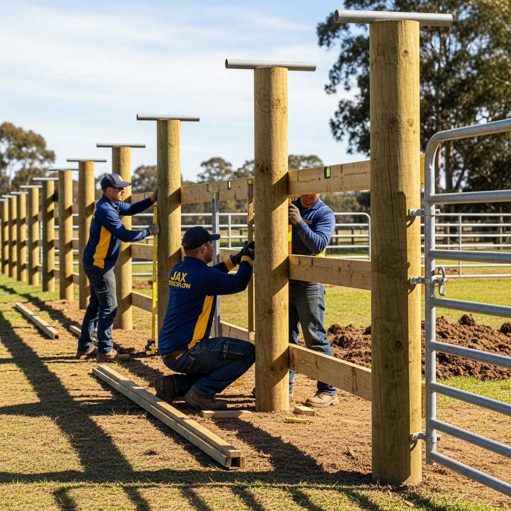 “Two Jax Fenceflow crew members in uniform installing sturdy fence posts, rails, and panels on uneven ground, with a durable gate, demonstrating strong construction and professional craftsmanship.”