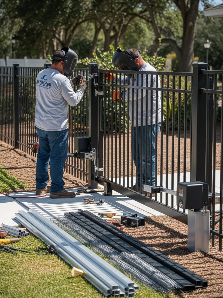 “Two Jax Fenceflow technicians installing a welded metal gate at a Jacksonville property, wearing branded uniforms and using professional tools, with high-quality steel materials and precise craftsmanship shown in a bright, landscaped setting.”