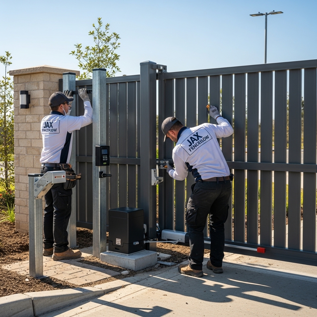 “Two Jax Fenceflow technicians installing a high-security automated steel gate with reinforced posts, heavy-duty hinges, and an access control system, showcasing precise workmanship and durable protection.”