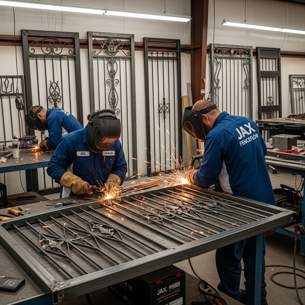 “Two Jax Fenceflow specialists in uniform welding and assembling a custom metal and welded wire gate in a workshop, with tools, sparks, and finished gate designs showing detailed, durable craftsmanship.”