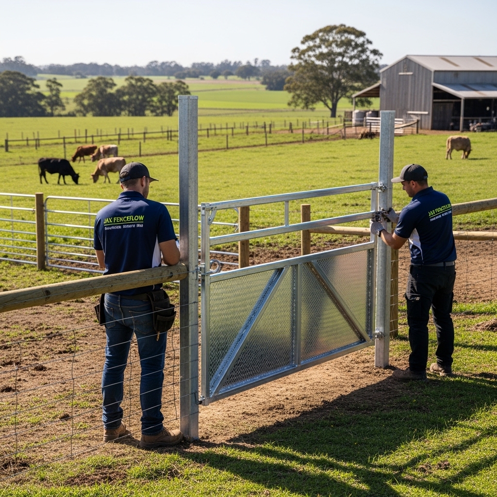 “Two Jax Fenceflow crew members in uniforms installing a wide, heavy-duty farm gate at a rural property with pastures, livestock, and a barn, highlighting professional craftsmanship and durable, weather-resistant materials.”