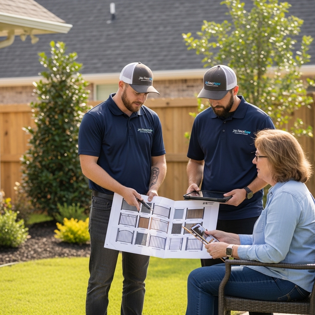 “Two Jax Fenceflow crew members in uniforms consulting with a homeowner in a backyard, reviewing fence gate design plans and samples to create a custom, stylish, and functional solution.”
