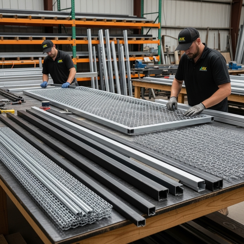 “Two Jax Fenceflow crew members in uniforms fabricating fence materials, including steel, iron, aluminum, and galvanized wire, with powder-coated finishes in a workshop, showing precise construction and durable gate preparation.”