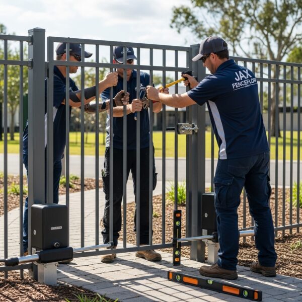 “Two Jax Fenceflow crew members in uniforms testing and adjusting a welded fence gate, checking locks, latches, hinges, and automated systems to ensure smooth operation in a landscaped, sunlit setting.”
