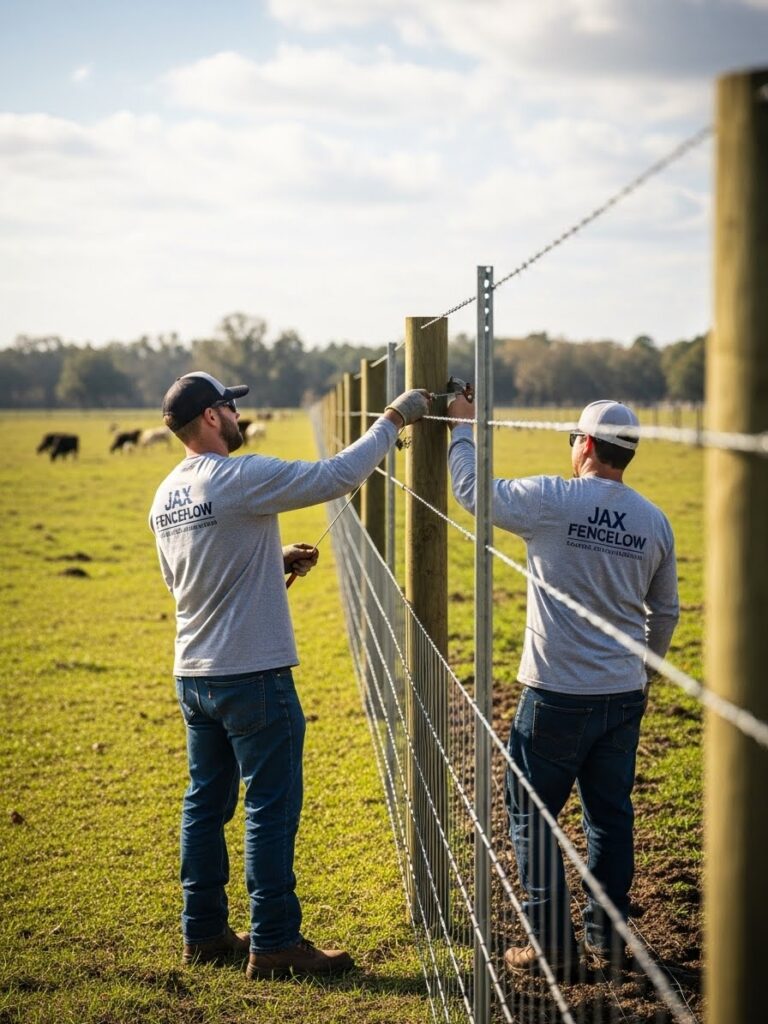 “Two Jax Fenceflow crew members installing and inspecting a durable wire farm fence on Jacksonville farmland, using galvanized materials built to withstand Florida’s heat, rain, and humidity.”