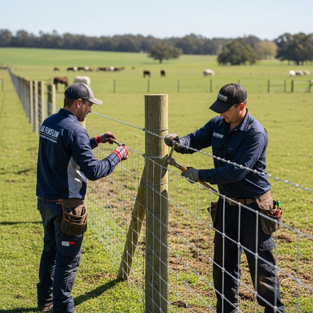 “Two Jax Fenceflow crew members installing galvanized wire farm fencing on open rural land, using professional tools and showcasing durable, rust-resistant materials in a sunlit pasture.”