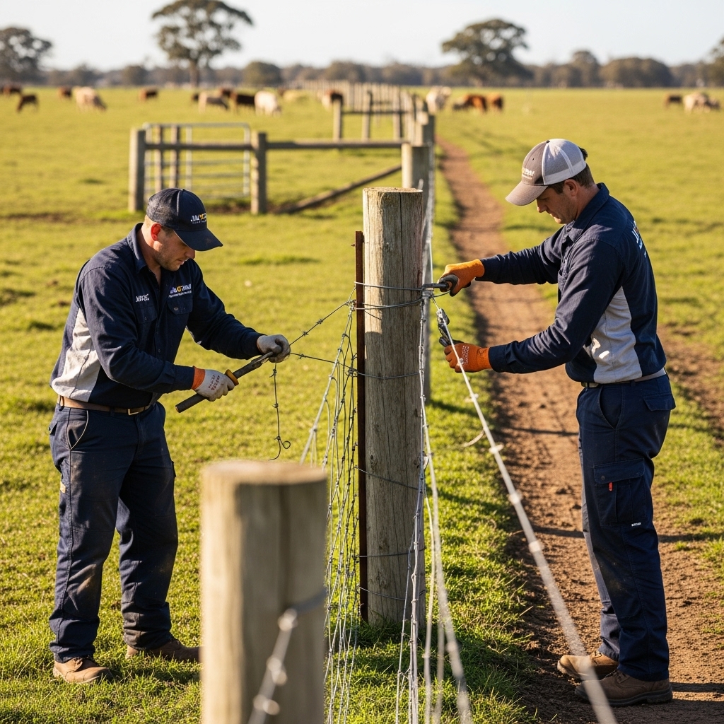 “Two Jax Fenceflow crew members repairing and replacing worn farm fencing, showing damaged wire next to newly restored sections in a rural pasture setting.”