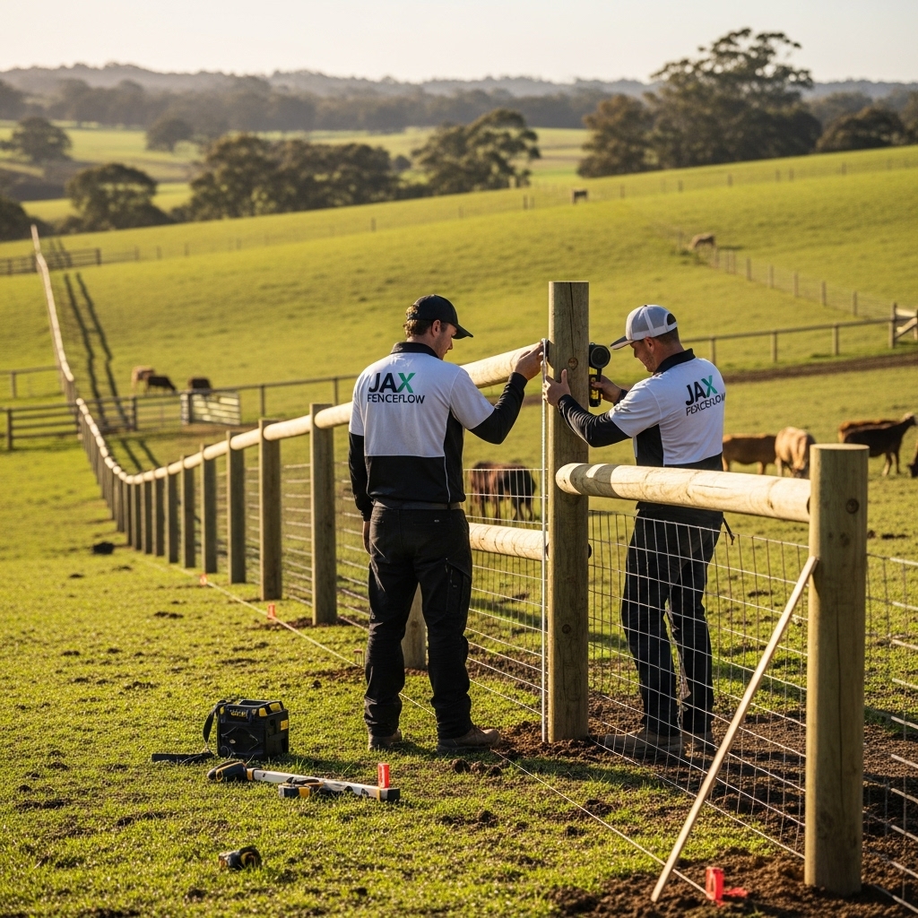 “Two Jax Fenceflow crew members in uniform installing custom farm fencing on a rural property, measuring and aligning posts with fields and livestock in the background to show tailored, professional craftsmanship.”