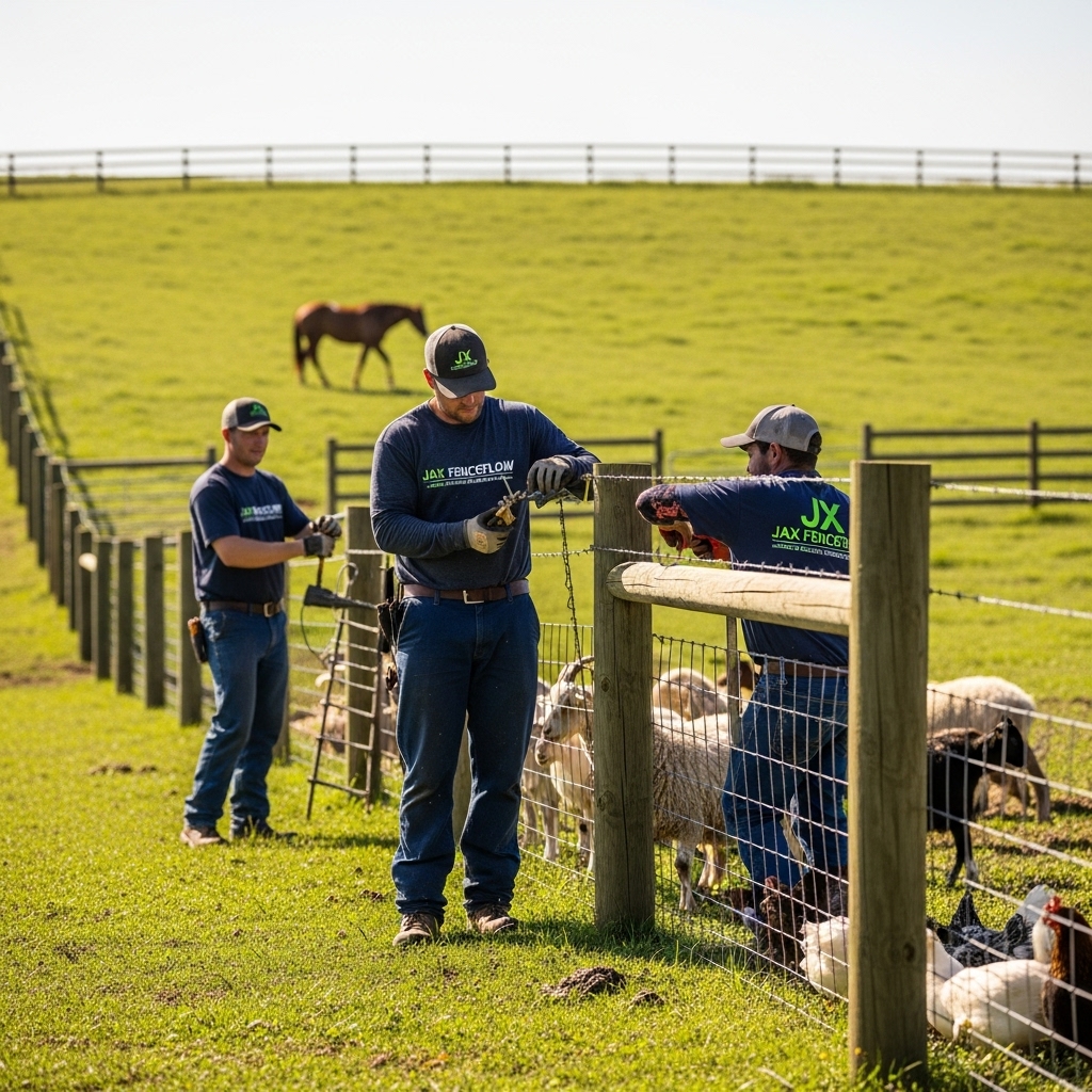 “Two Jax Fenceflow crew members in uniforms installing barbed wire, woven wire, and high-tensile fencing on a rural farm, safely containing livestock including horses, goats, sheep, pigs, and poultry, showing professional workmanship in a sunny pasture.”