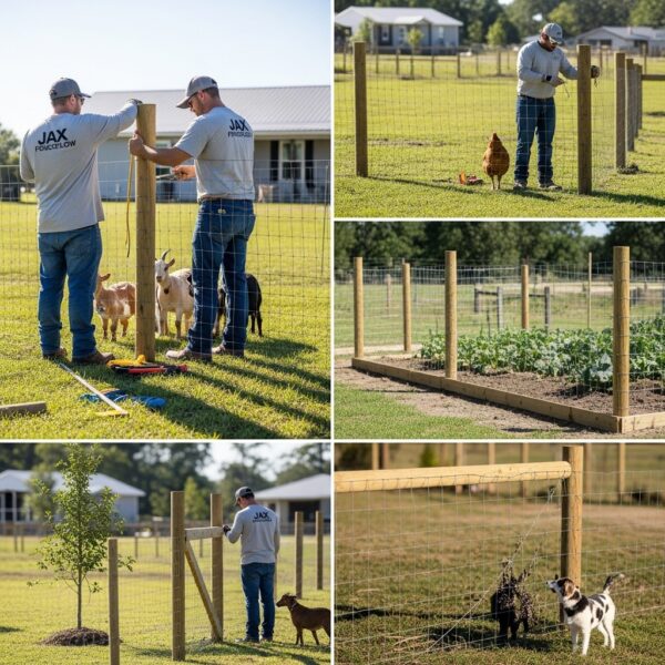 “Jax Fenceflow crew members in uniforms installing farm, garden, and residential wire fencing on a rural property, showing professional workmanship and repairs after storm or animal damage.”