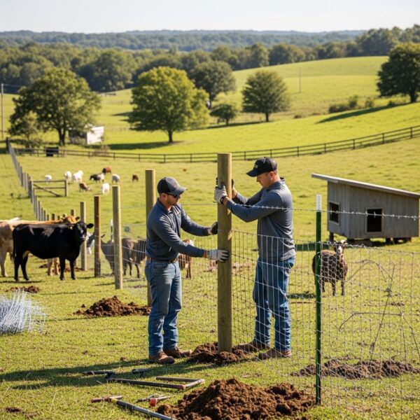 “Two Jax Fenceflow crew members in uniforms installing customized fences for livestock, including barbed wire, woven wire, and chicken wire, on a rural property with farm animals and rolling pastures.”