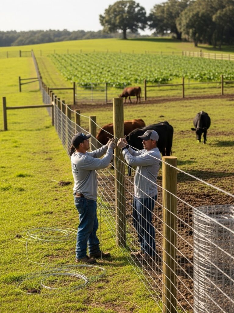 “Two Jax Fenceflow crew members in uniforms installing a durable wire farm fence on a Jacksonville farm, containing livestock and protecting crops, highlighting professional craftsmanship and weather-resistant materials.”