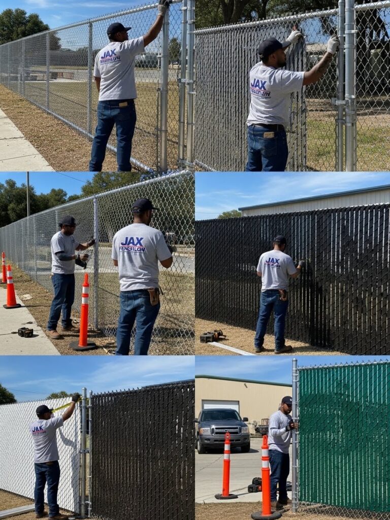 “Jax Fenceflow crew members in uniforms installing and inspecting chain link fences at residential, commercial, and industrial properties in Jacksonville, showing various finishes, privacy slats, and custom gates with professional tools and precise workmanship.”