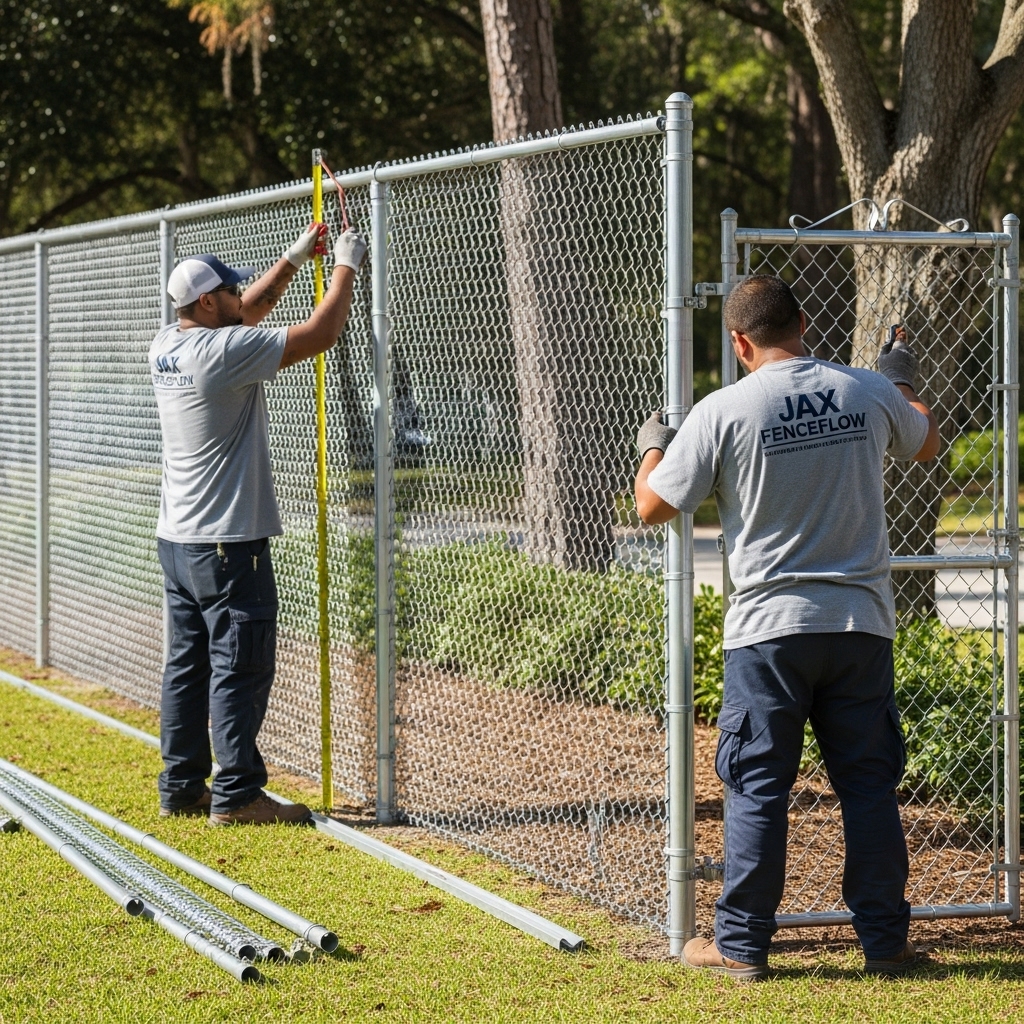 “Two Jax Fenceflow crew members in uniforms installing a chain link fence at a residential or commercial property in Jacksonville, showing precise alignment, secure posts, and professional workmanship.”
