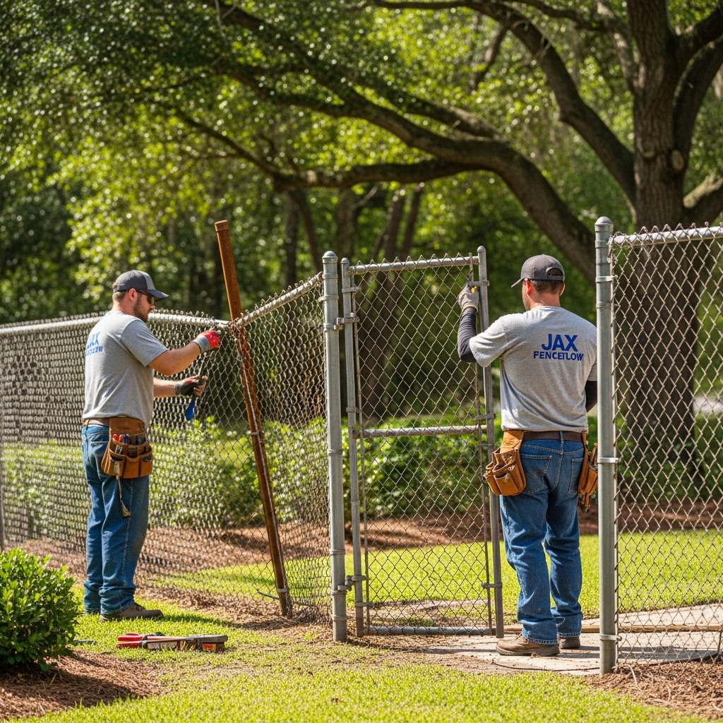“Two Jax Fenceflow crew members in uniforms repairing and replacing a damaged chain link fence in a Jacksonville backyard, showing bent posts, new rust-resistant panels, and professional workmanship.”