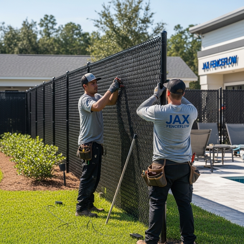 “Two Jax Fenceflow crew members in uniforms installing a custom chain link fence with privacy slats and black coating, showing precise craftsmanship and a strong, stylish, property-specific design.”