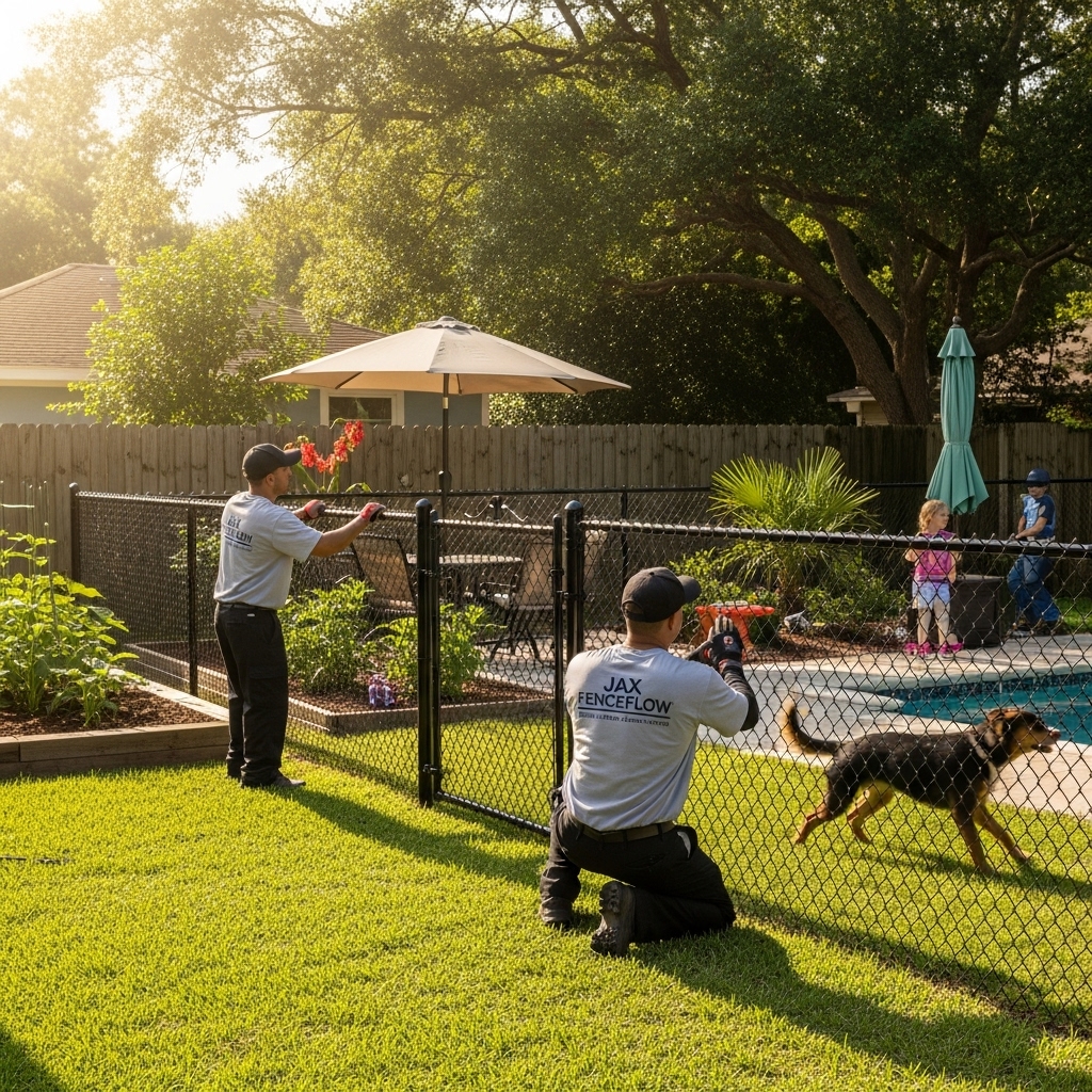 “Jax Fenceflow crew members in uniforms installing a black or green vinyl-coated residential chain link fence around a Jacksonville backyard, showing children and pets safely playing with sunlight filtering through the durable fence.”