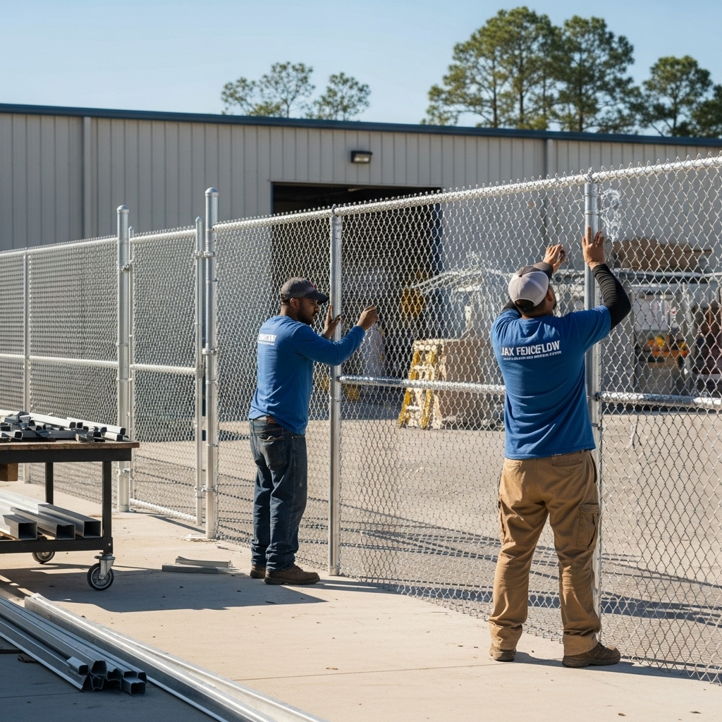 “Two Jax Fenceflow crew members in uniforms installing a heavy-duty galvanized steel chain link fence at a commercial property, showing professional workmanship, gates, and privacy slats in a sunlit, durable setup.”
