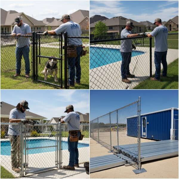 “Three Jax Fenceflow crew members in uniforms installing specialty chain link fences, including a dog run, a pool fence with privacy slats, and portable construction site panels, highlighting custom colors, heights, and durable craftsmanship.”