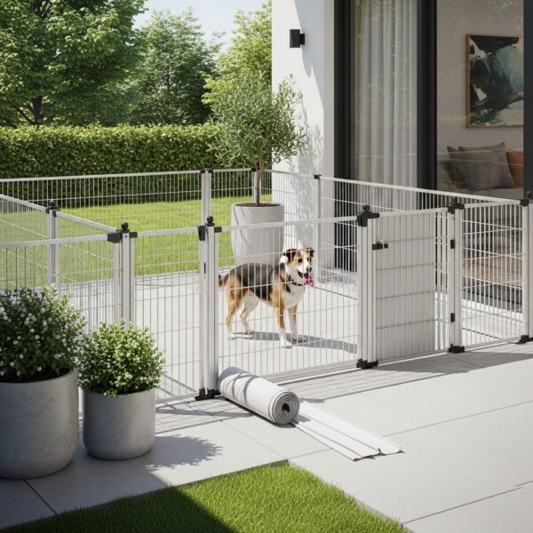 “Retractable dog fence partially extended on a backyard patio, containing a dog safely while showing the rolled-back section, highlighting convenient and space-saving pet safety.”