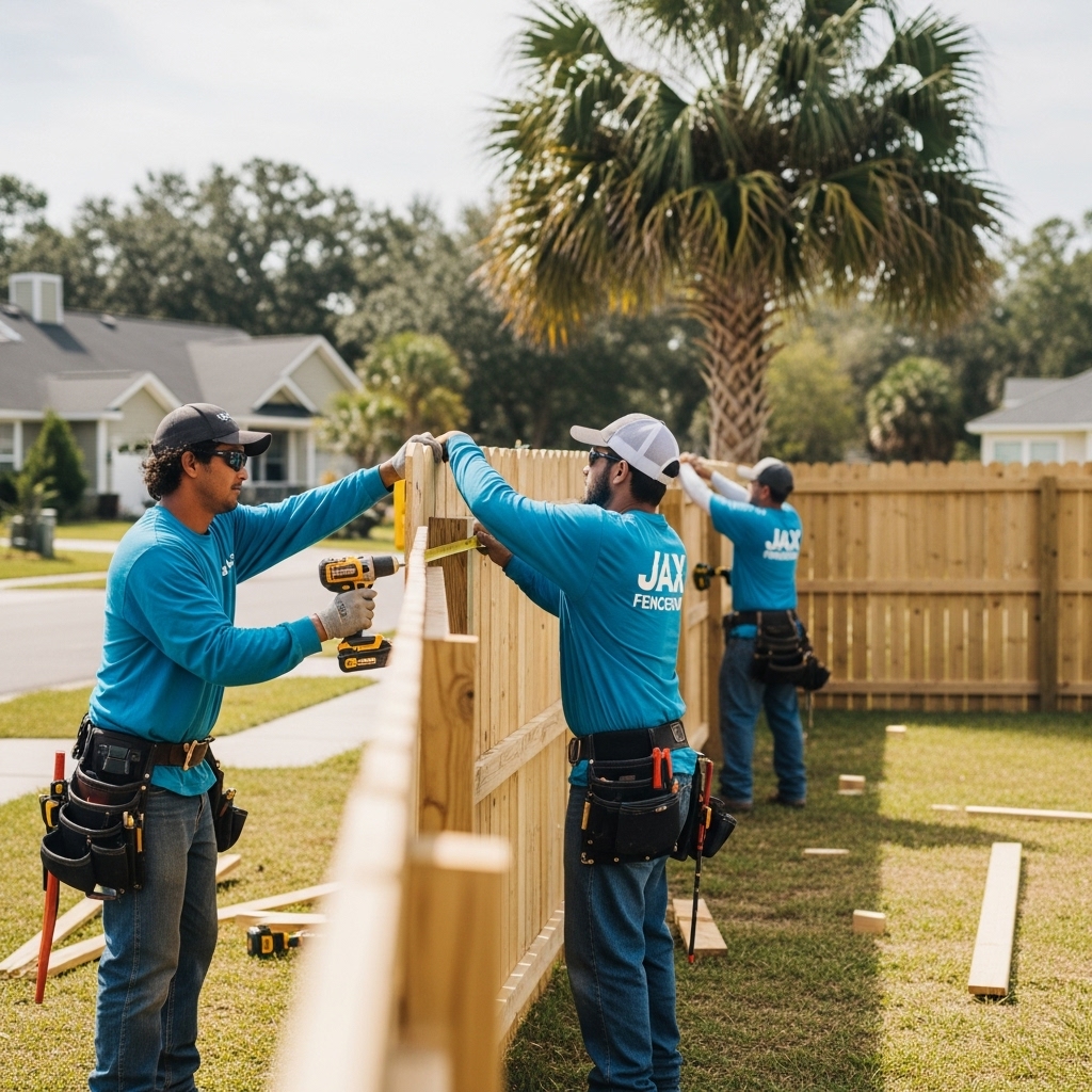 Jax FenceFlow contractors installing a new wooden and vinyl fence in a Jacksonville, FL backyard, using tools and working together under natural sunlight.