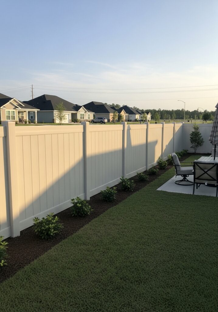 “Jacksonville backyard with a tall vinyl privacy fence providing a quiet, secure space and blocking views of nearby homes, highlighting improved privacy and curb appeal.”