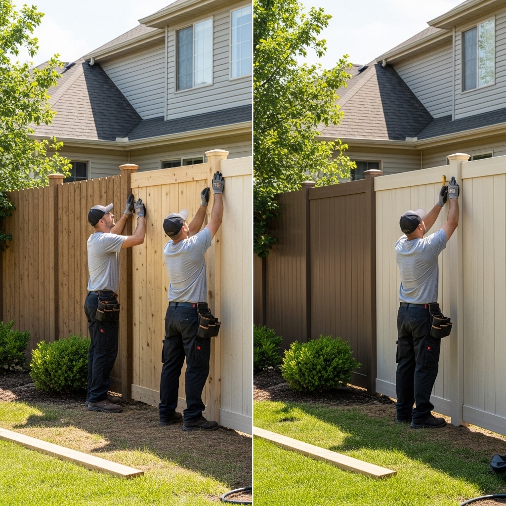 “Two installers building a residential privacy fence in a suburban backyard, with wood, vinyl, and composite panel options shown to highlight secure, long-lasting design choices.”