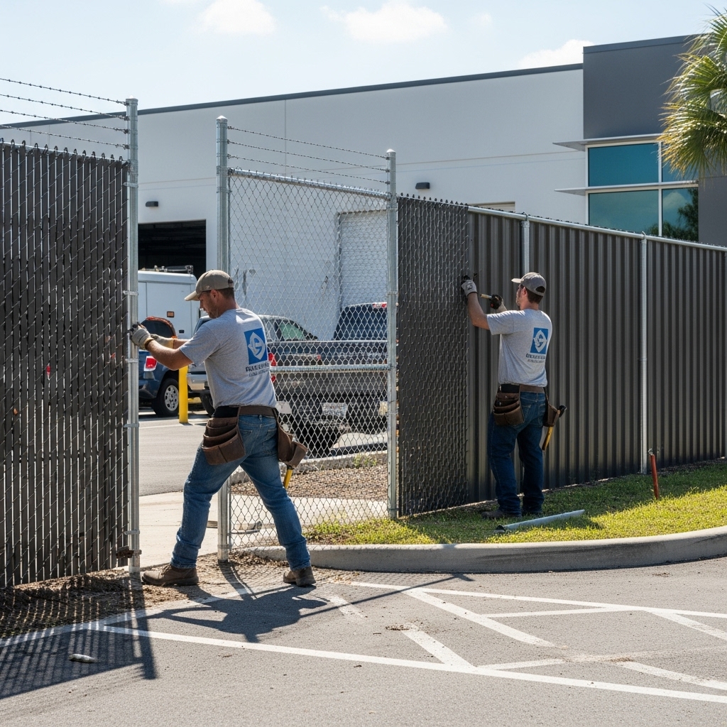 “Workers installing commercial privacy fencing, including chain link, metal, and aluminum panels, around a Jacksonville business property to enhance security and protect equipment.”
