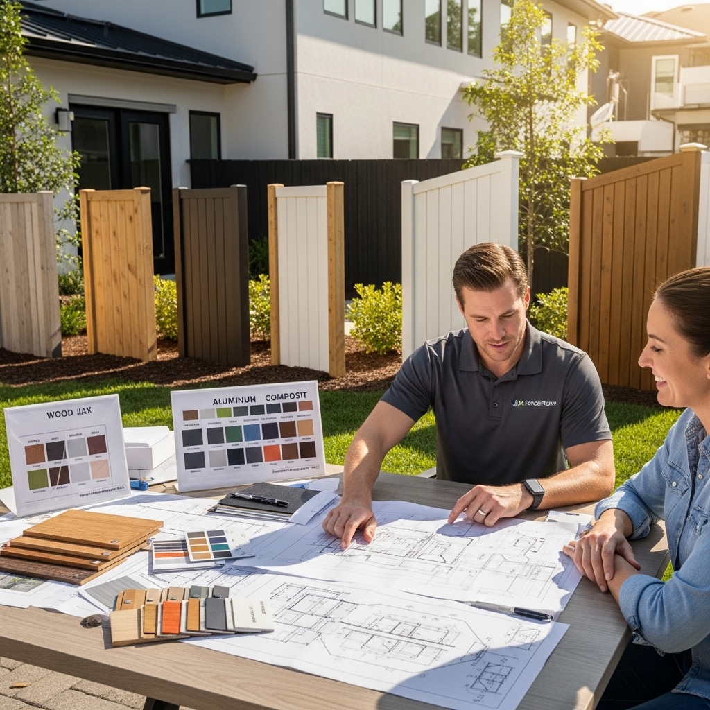 “Jax Fenceflow designer showing custom fence plans, material samples, and style options to a homeowner in a backyard, with various fence mockups in the background to illustrate personalized design choices.”