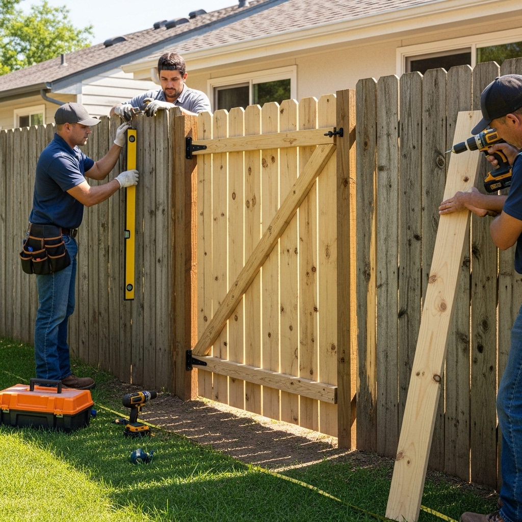 “Two technicians repairing a wooden fence by fixing loose posts, a sagging gate, and damaged panels, showing clear improvements and professional maintenance in a sunlit residential backyard.”