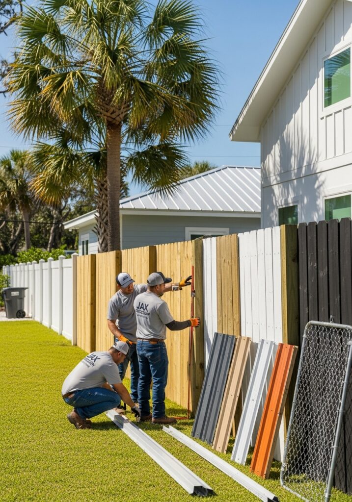 “Two Jax Fenceflow contractors inspecting and repairing a residential fence in a sunny Jacksonville yard, showcasing detailed workmanship and durable materials built for Florida weather.”