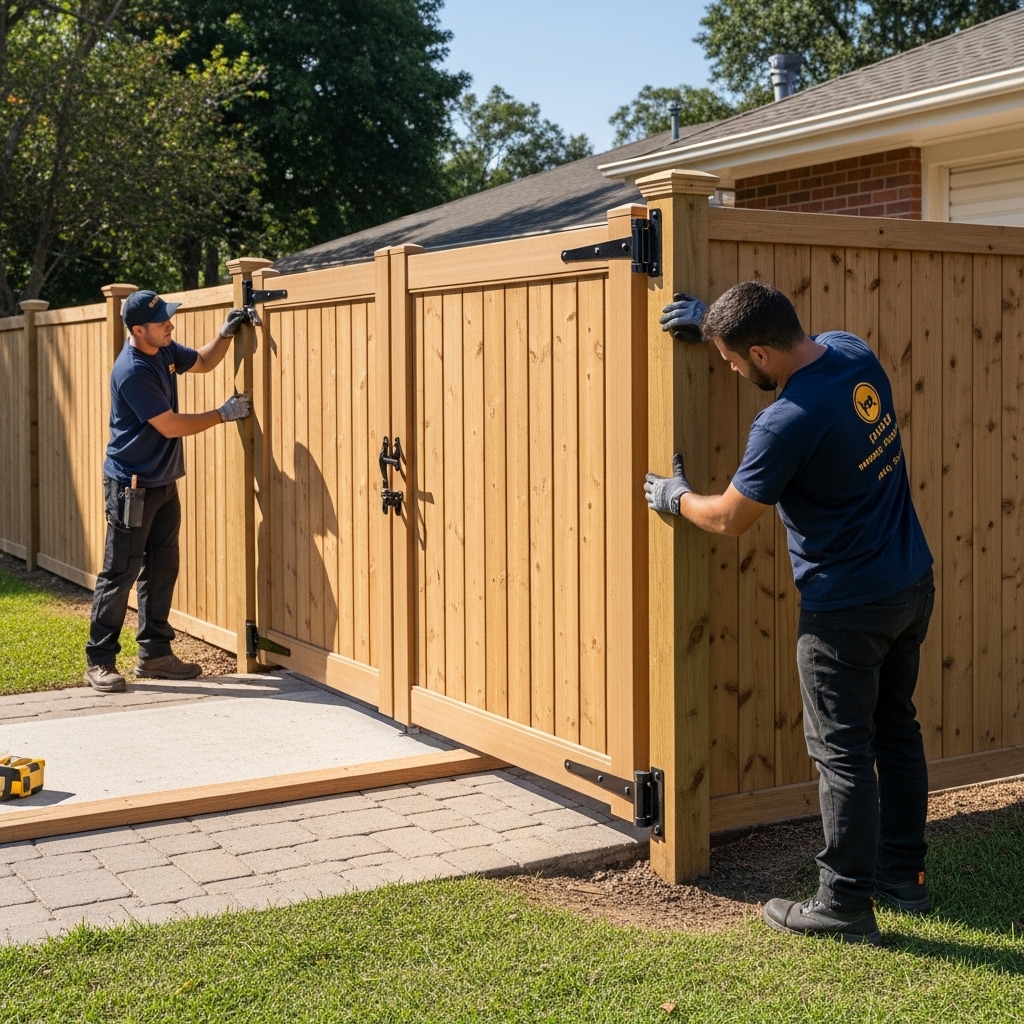 “Professional installers aligning and securing a custom fence gate that matches the existing fence design, showing smooth operation, durable hardware, and precise craftsmanship in a clean outdoor setting.”