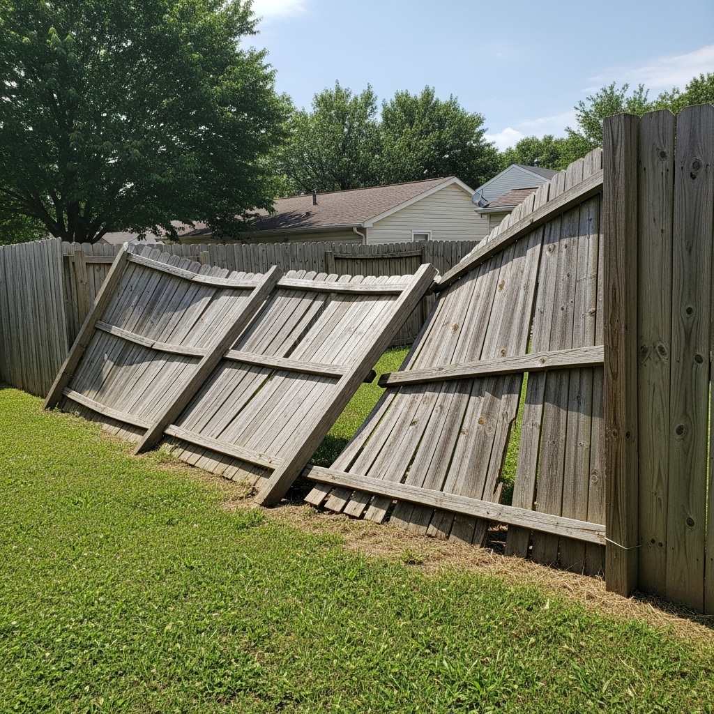“Leaning and broken wooden fence panels in a backyard, showing signs of damage and wear that could compromise safety and require repair.”