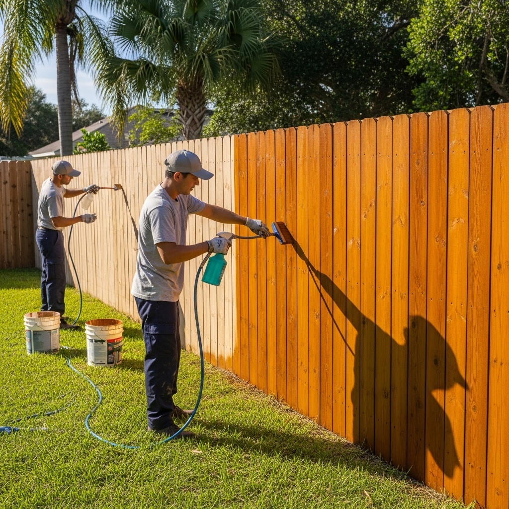 “Technicians staining and sealing a wooden backyard fence, showing a clear before-and-after transformation with rich color and protection against Florida sun and moisture.”