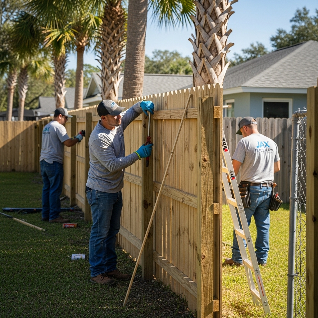 “Jax Fenceflow crew members sealing wood, treating metal, and straightening fence posts in a Jacksonville backyard, showing professional local expertise and care.”