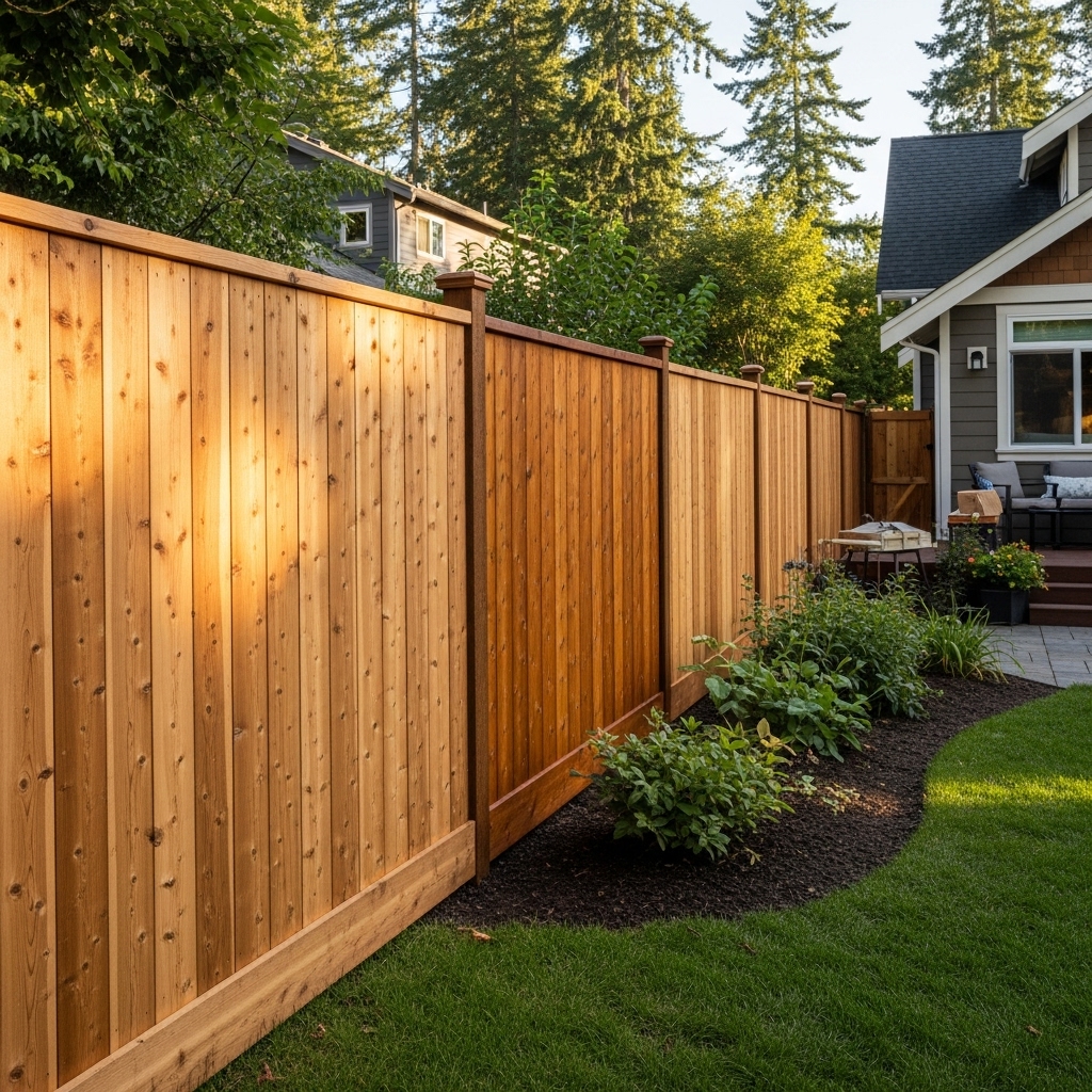 “Cedar or pine wood privacy fence in a landscaped backyard, showing natural wood grain with a freshly stained section, adding charm, warmth, and strong privacy to the outdoor space.”