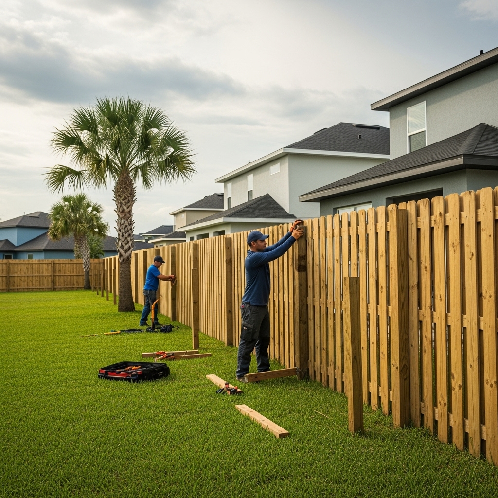 “Homeowner and Jax Fenceflow crew inspecting and reinforcing a wooden fence in a Jacksonville backyard before a storm, showing proactive storm damage prevention.”