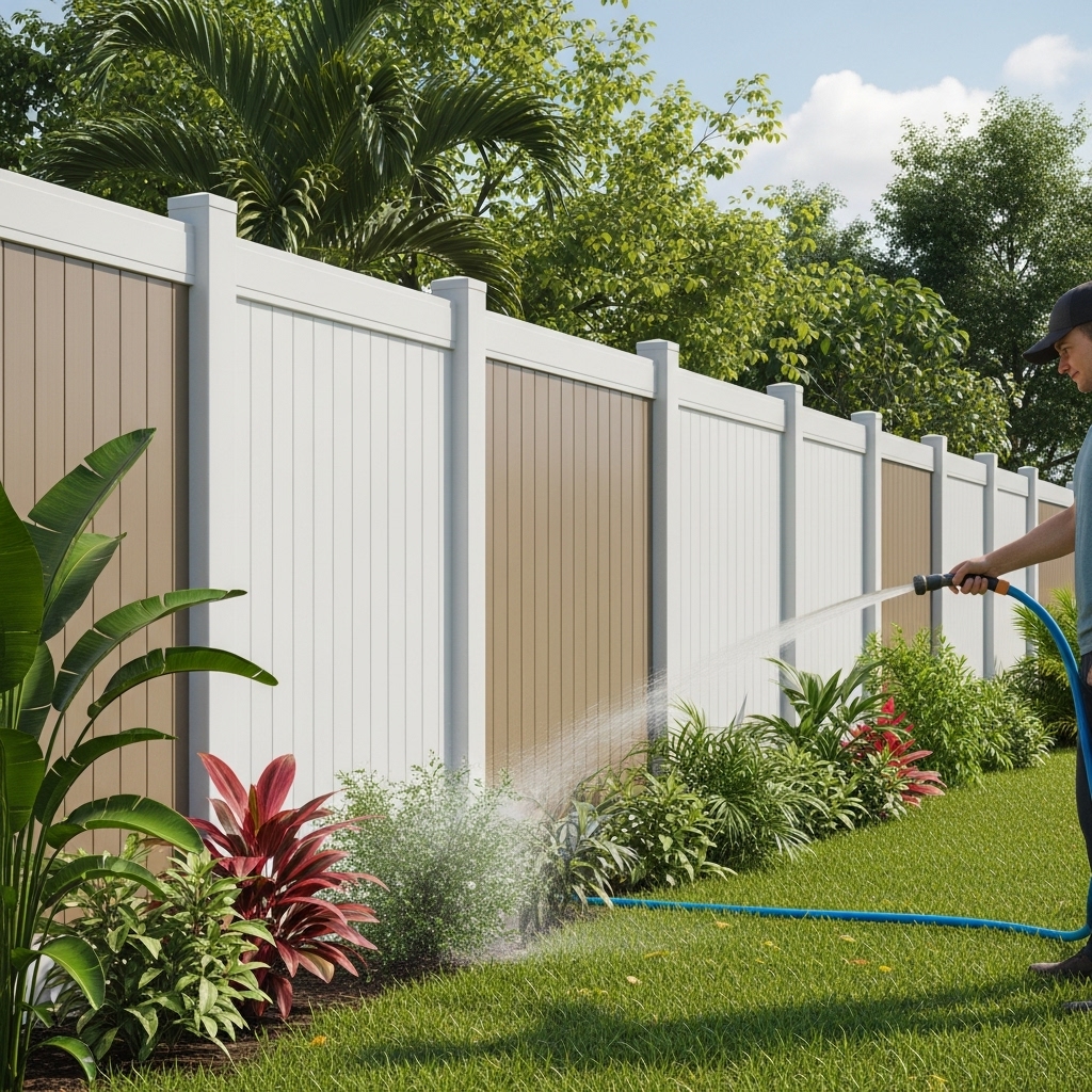 “Clean vinyl privacy fence in a sunny Florida backyard with a person rinsing it off, showing its smooth, low-maintenance surface and durable design surrounded by tropical landscaping.”