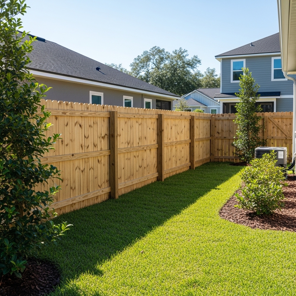 “Freshly maintained wooden fence in a sunny Jacksonville backyard with clean stain, small repairs done, and a neat, well-kept yard enhancing curb appeal.”
