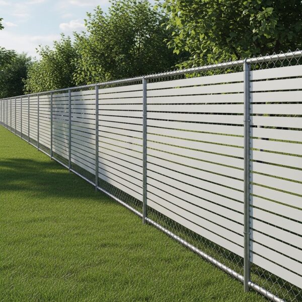 “Chain link fence with privacy slats installed along a yard, showing durable construction, blocked views, and a safe enclosed space for kids and pets in a bright, landscaped setting.”