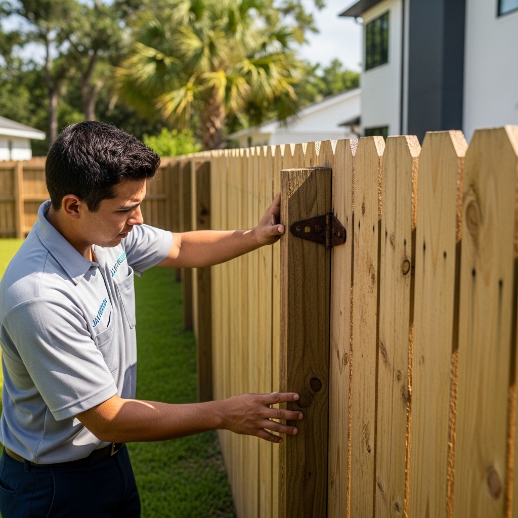 “A Jax Fenceflow crew member inspecting a wooden fence in a sunny Jacksonville backyard, checking a loose post and rusty hinge to prevent costly repairs.”