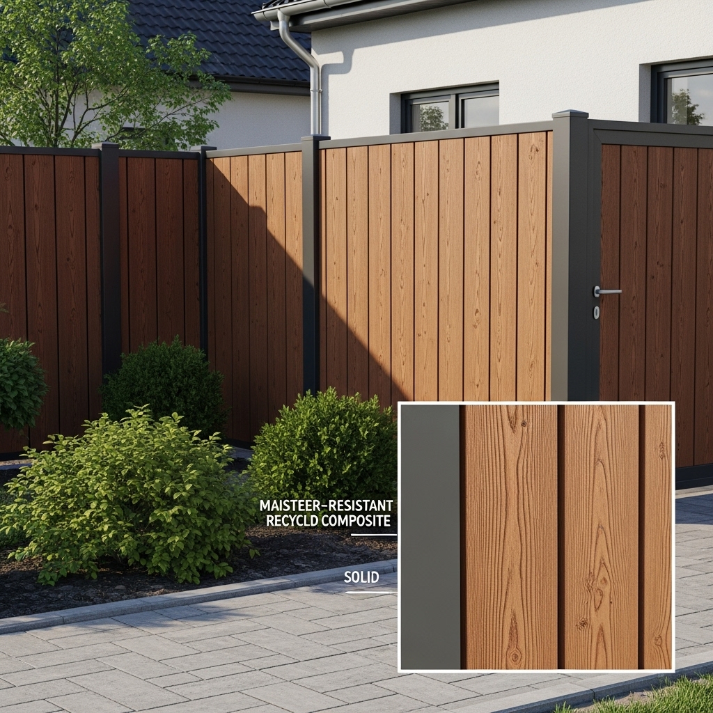 “Modern property with a composite privacy fence featuring wood-grain texture and long-lasting, moisture-resistant panels, shown with clean landscaping and a contemporary, durable design.”
