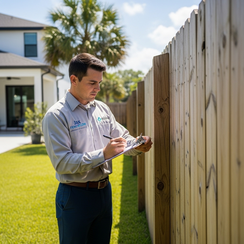 “Professional Jax Fenceflow inspector examining a wooden fence in a sunny Jacksonville backyard, taking notes on a clipboard during a detailed fence assessment.”
