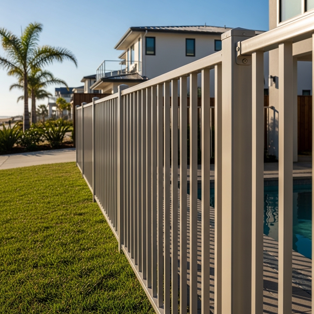 “Modern aluminum and metal fence with sleek vertical pickets surrounding a landscaped yard, showing a rust-free, low-maintenance design that provides safety while keeping an open view in a sunny coastal setting.”