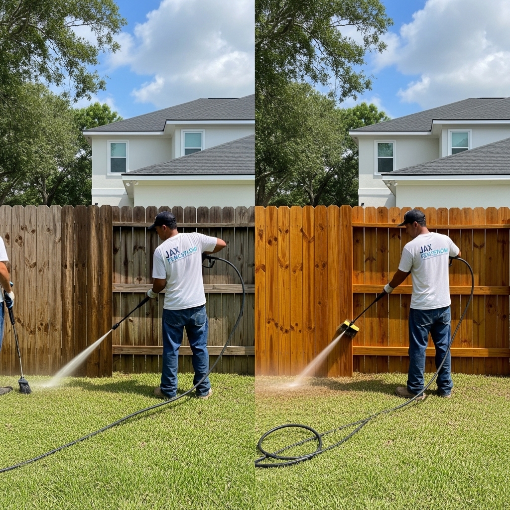 “Two Jax Fenceflow workers professionally cleaning, staining, sealing, and painting a wooden backyard fence, showing a before-and-after transformation in a sunny Jacksonville yard.”