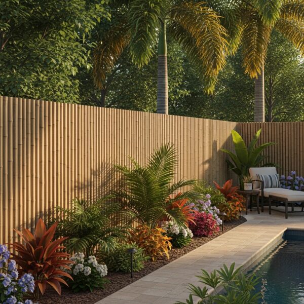 “Tall bamboo privacy fence in a lush Florida backyard, surrounded by tropical plants, palms, and a patio area, creating a calm and natural outdoor space.”